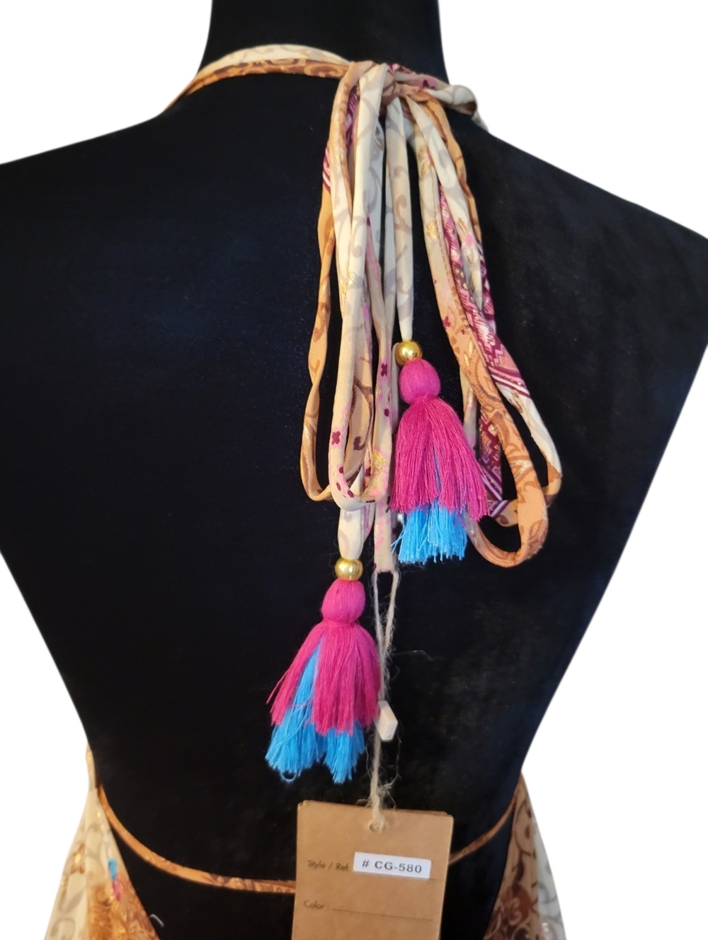 Boho Madrid Dress Backless Exotic Paisley Sparkles Ties & Tassles Flexible Fit - Picture 4 of 16